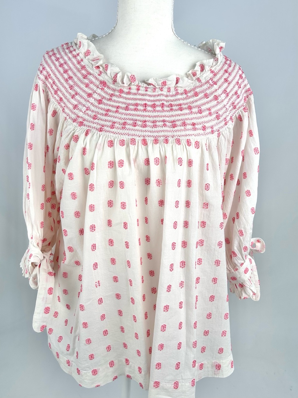 Farmers Market L Pink White Smocked Cottagecore Peasant Blouse 100% Cotton